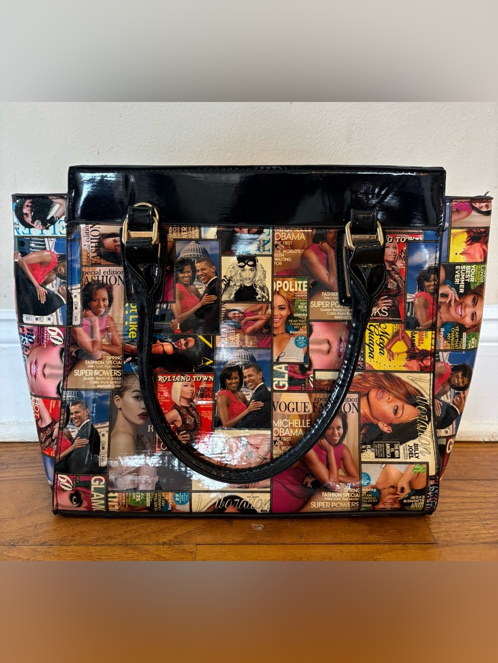 Glossy Y2K Pop Culture Multicolor Magazine-Print Tote Bag with Black Handles